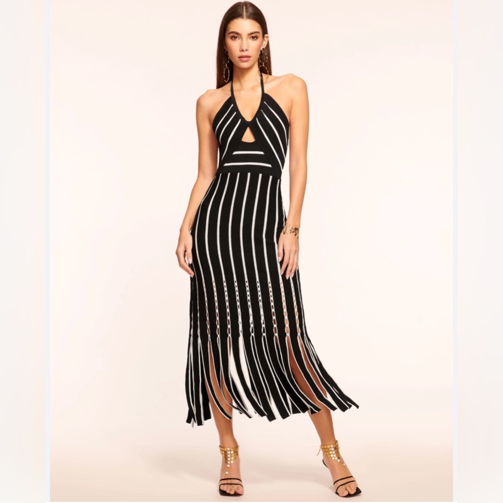 Ramy Brook Brooke Frida striped keyhole fringe halter dress NWT new size Small S